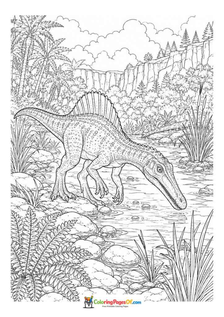 Spinosaurus am Fluss – Ausmalbild – kostenlose Malvorlage zum Ausdrucken