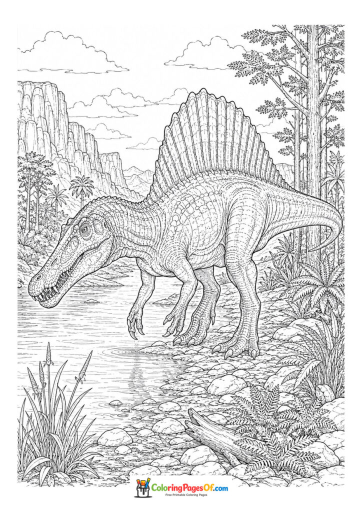 Spinosaurus mit Rückensegel – Ausmalbild – kostenlose Malvorlage zum Ausdrucken