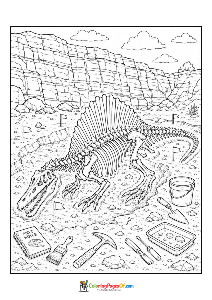 Spinosaurus-Skelett bei einer Ausgrabung – Ausmalbild – kostenlose Malvorlage zum Ausdrucken