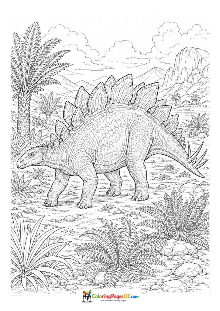 Stegosaurus zwischen Farnen – Ausmalbild – kostenlose Malvorlage zum Ausdrucken