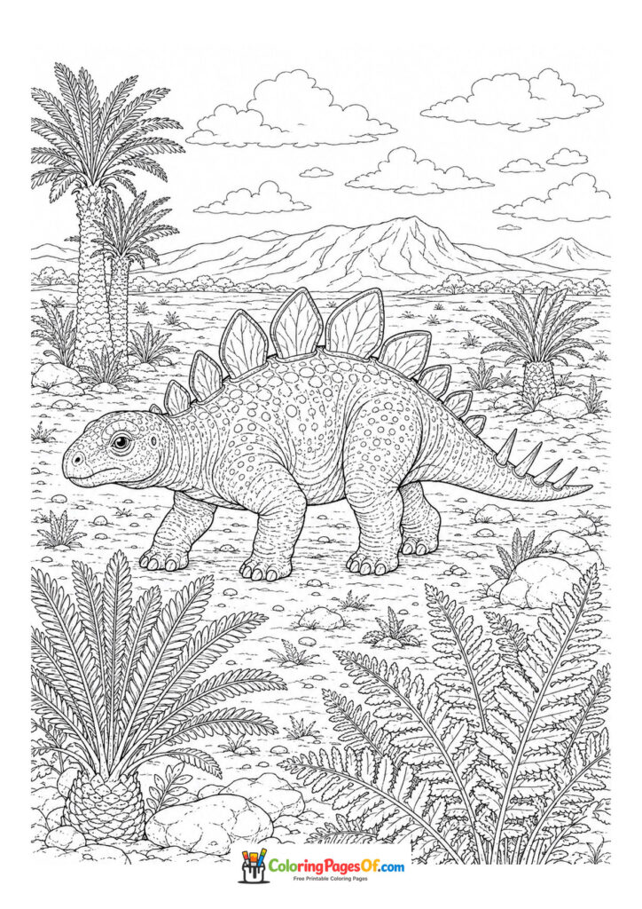 Stegosaurus in einer prähistorischen Landschaft – Ausmalbild – kostenlose Malvorlage zum Ausdrucken