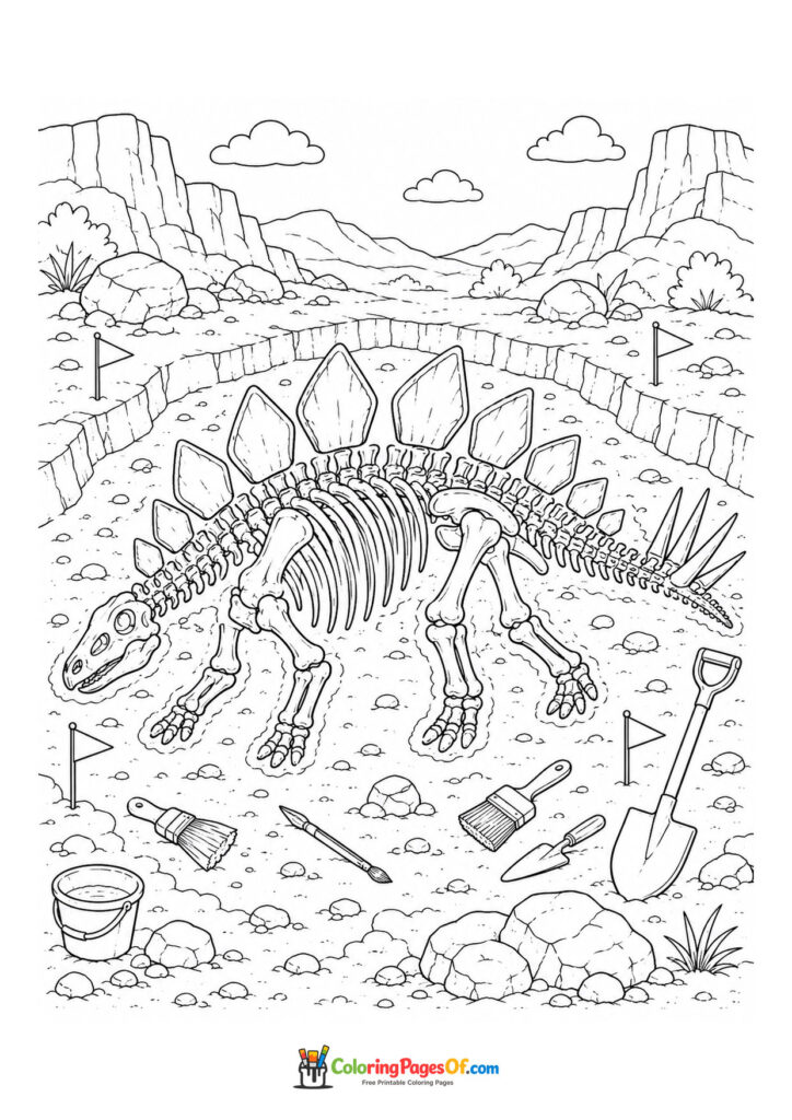 Stegosaurus-Skelett bei einer Ausgrabung – Ausmalbild – kostenlose Malvorlage zum Ausdrucken