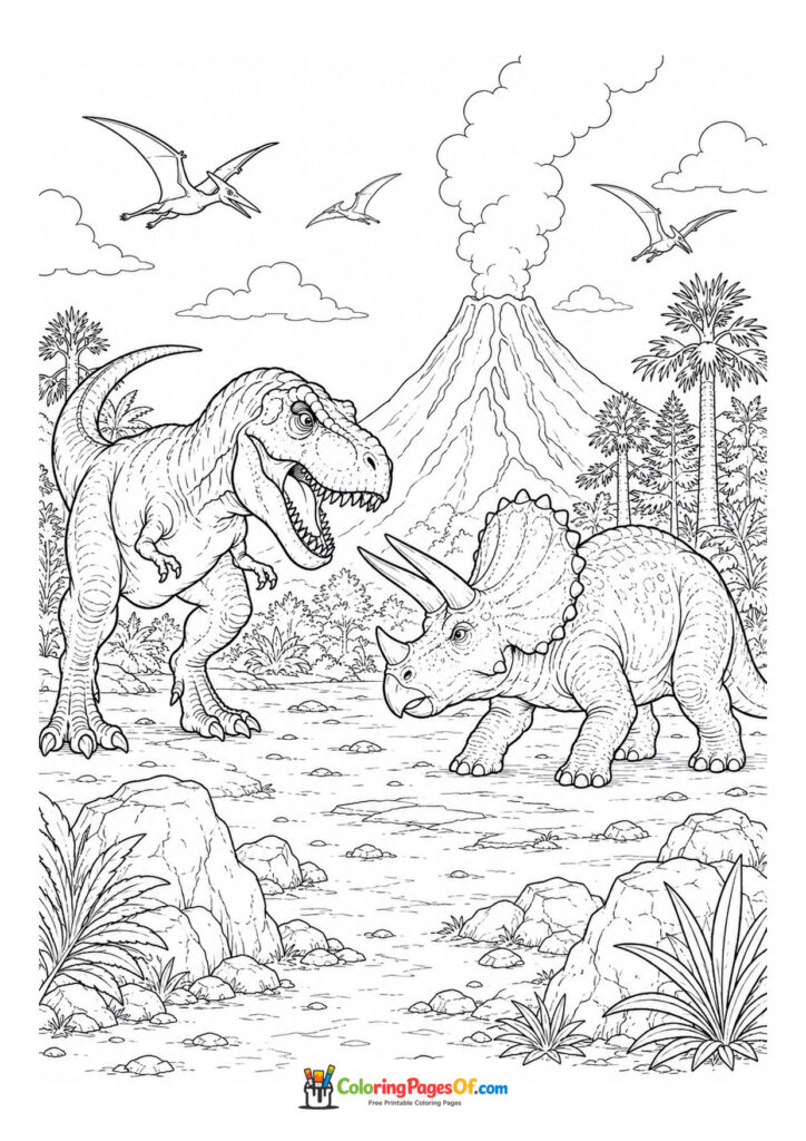 T-Rex und Triceratops begegnen sich – Ausmalbild – kostenlose Malvorlage zum Ausdrucken