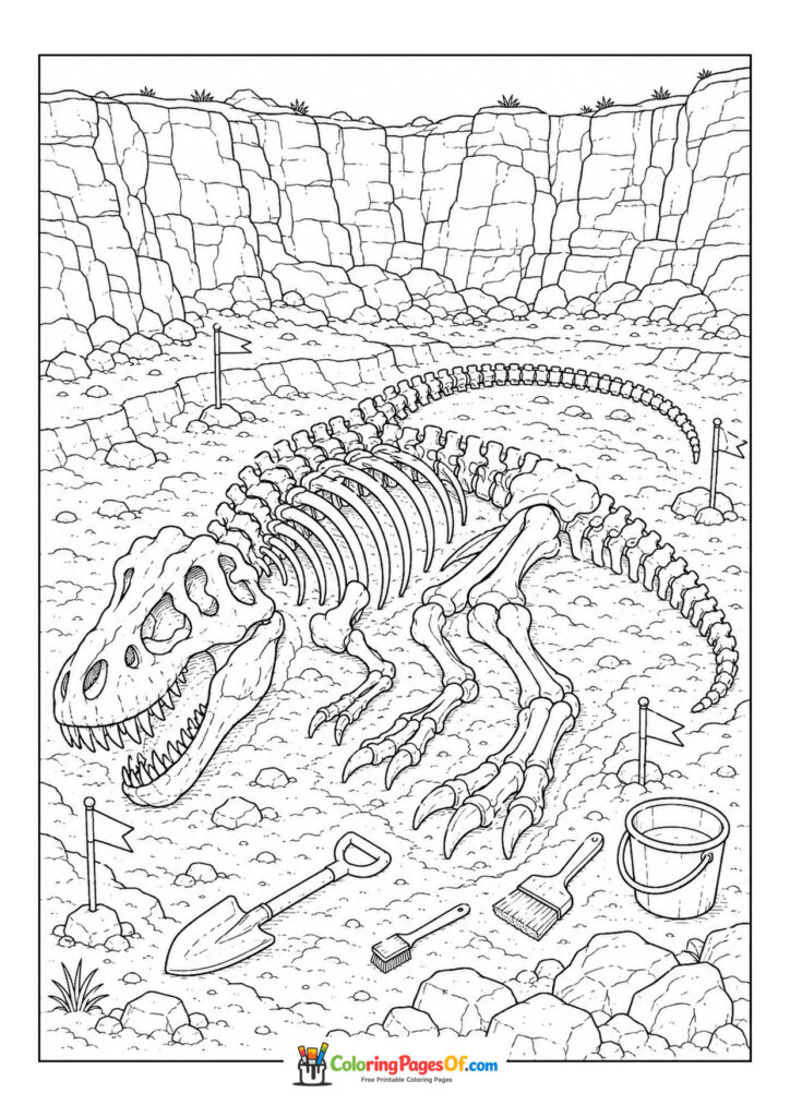T-Rex-Fossilienfund bei einer Ausgrabung – Ausmalbild – kostenlose Malvorlage zum Ausdrucken