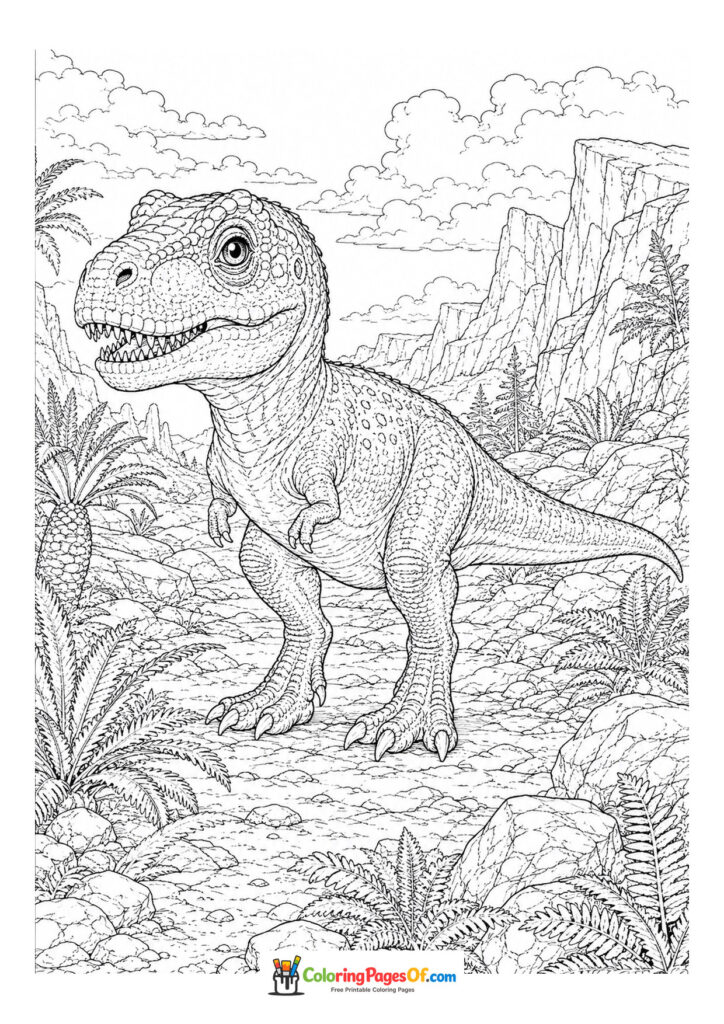 T-Rex in einer prähistorischen Landschaft – Ausmalbild – kostenlose Malvorlage zum Ausdrucken