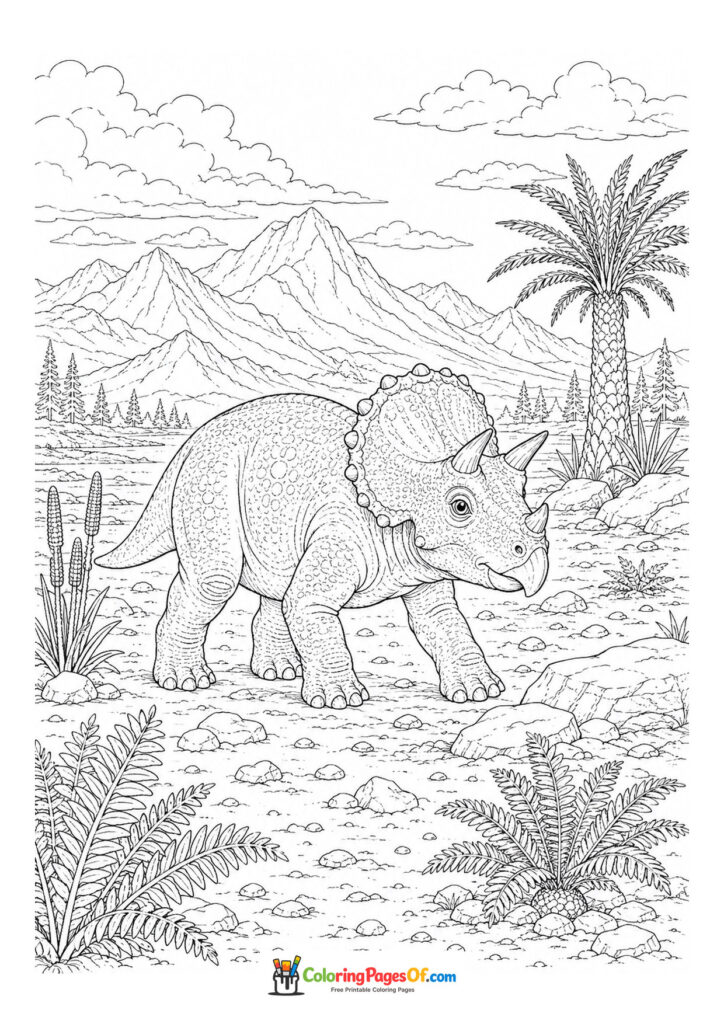 Triceratops in den Bergen – Ausmalbild – kostenlose Malvorlage zum Ausdrucken