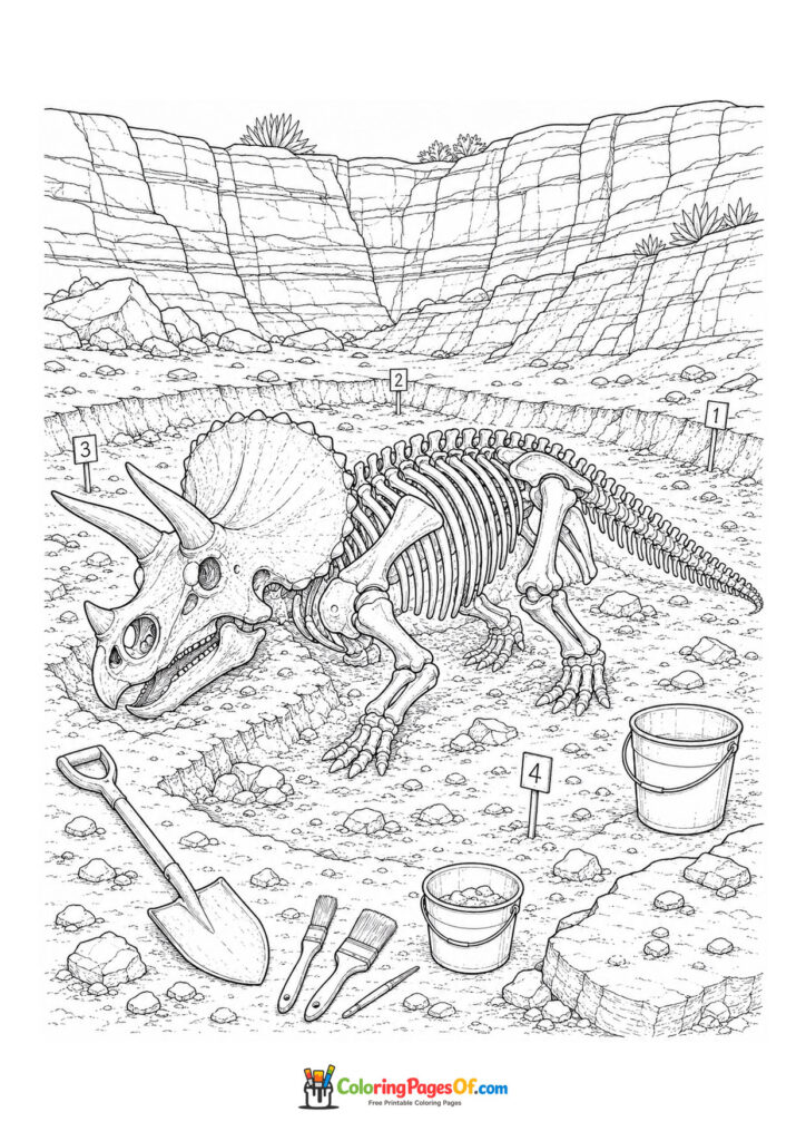 Triceratops-Skelett bei einer Ausgrabung – Ausmalbild – kostenlose Malvorlage zum Ausdrucken
