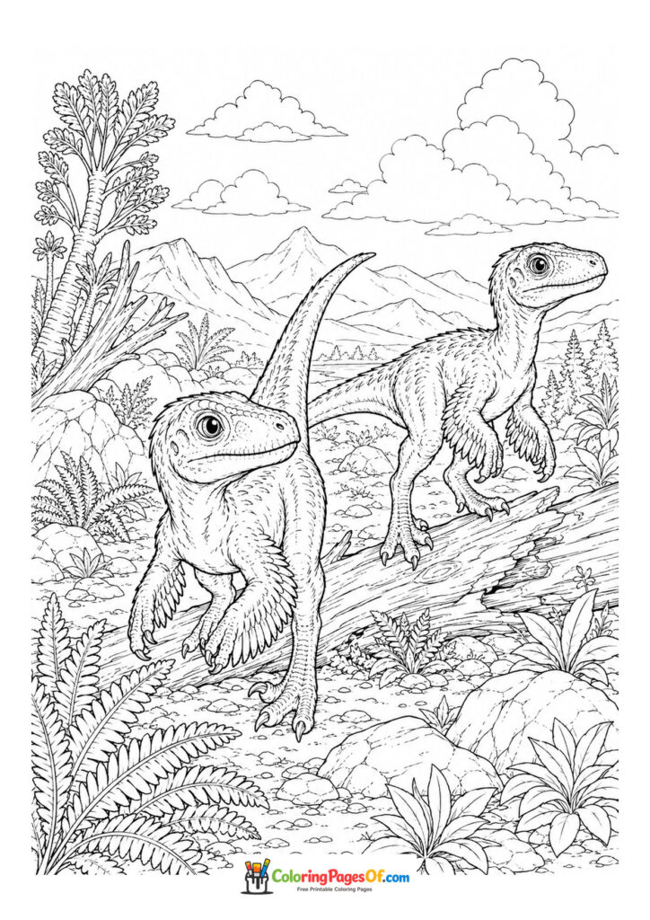 Zwei Velociraptoren in der Urzeit – Ausmalbild – kostenlose Malvorlage zum Ausdrucken