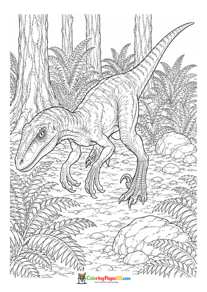 Velociraptor im Urzeitdschungel – Ausmalbild – kostenlose Malvorlage zum Ausdrucken