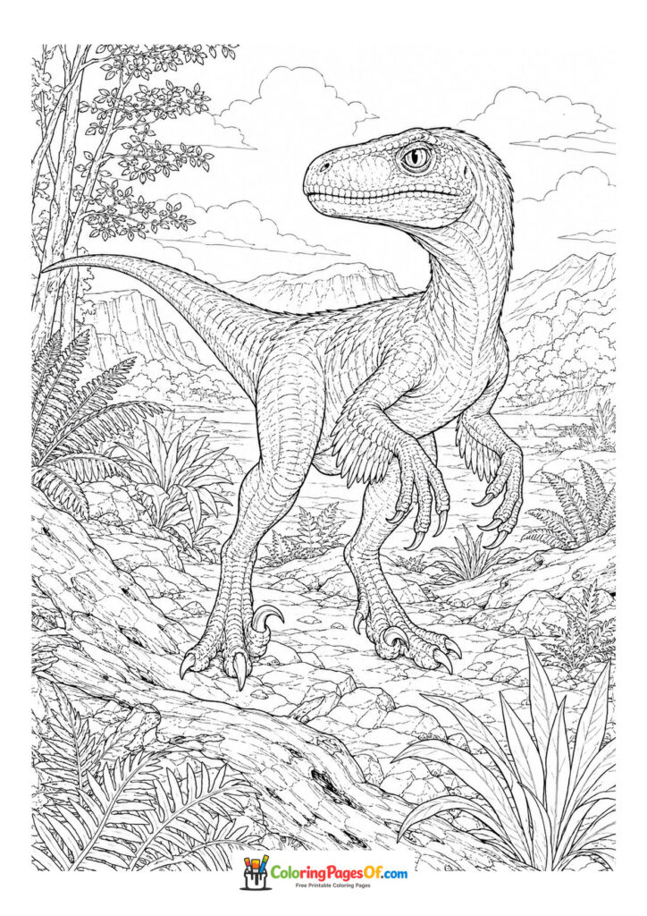 Rennender Velociraptor – Ausmalbild – kostenlose Malvorlage zum Ausdrucken