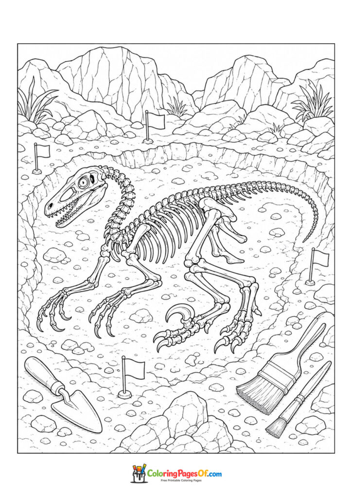 Velociraptor-Skelett bei einer Ausgrabung – Ausmalbild – kostenlose Malvorlage zum Ausdrucken