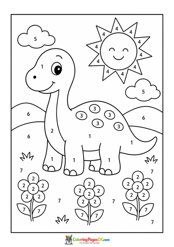 Dinosaur in Sunny Flower Meadow color by number coloring page