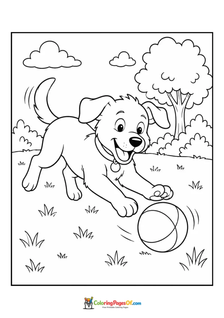 Dog playing with a ball coloring page