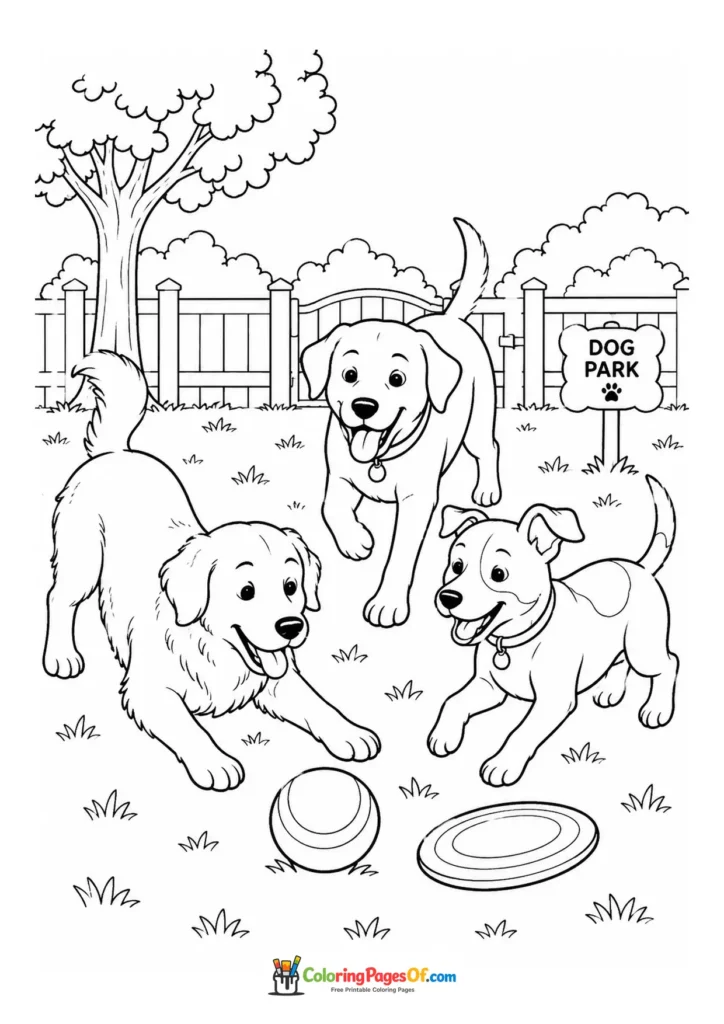 Dogs playing with a ball and frisbee at a dog park coloring page