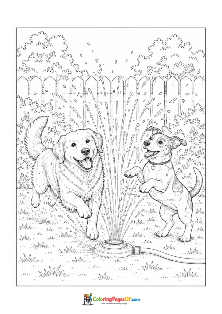 Dogs playing in a sprinkler coloring page