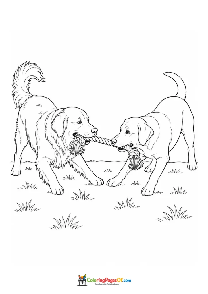 Dogs playing tug of war coloring page