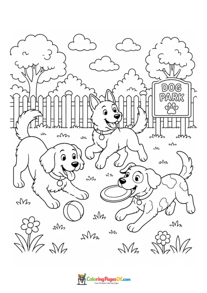Dogs playing with a ball and frisbee at a dog park coloring page