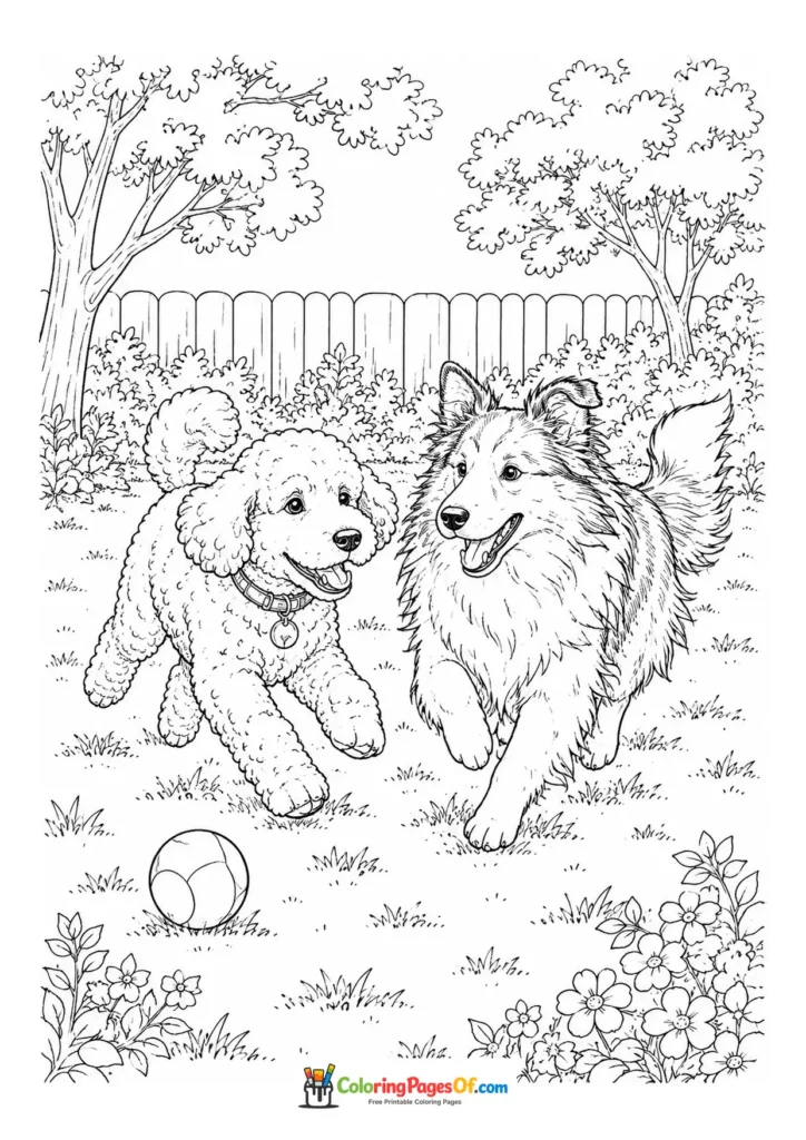 Dogs running after a ball in the garden coloring page