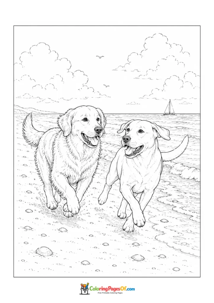 Dogs running on a beach coloring page