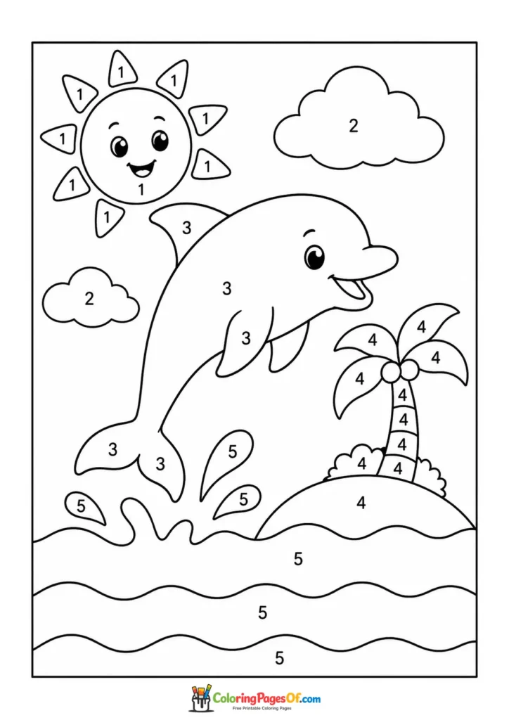 Dolphin Jumping by Tropical Island color by number coloring page