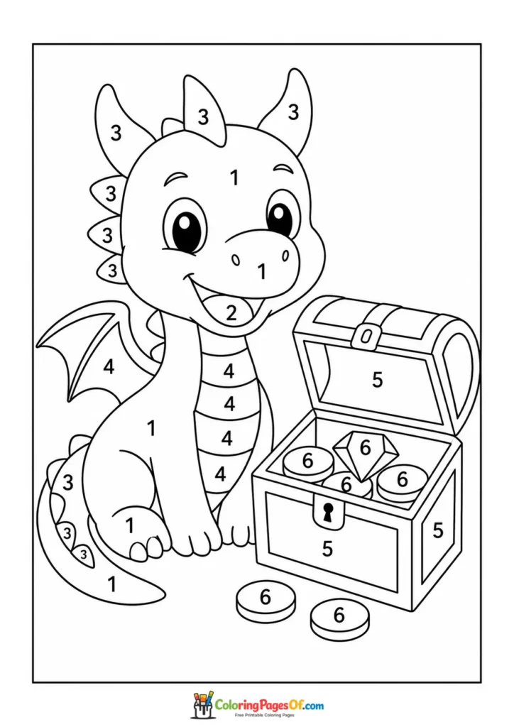 Dragon and Treasure Chest Color by Number with clear numbered coloring areas for kids