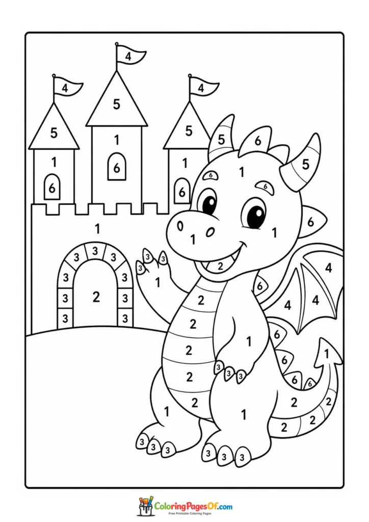 Dragon at a Castle Color by Number with clear numbered coloring areas for kids