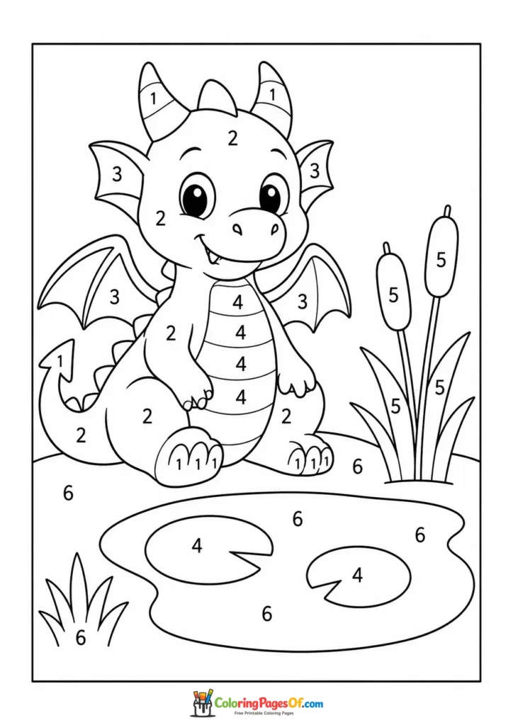 Dragon at the Lily Pond Color by Number with clear numbered coloring areas for kids
