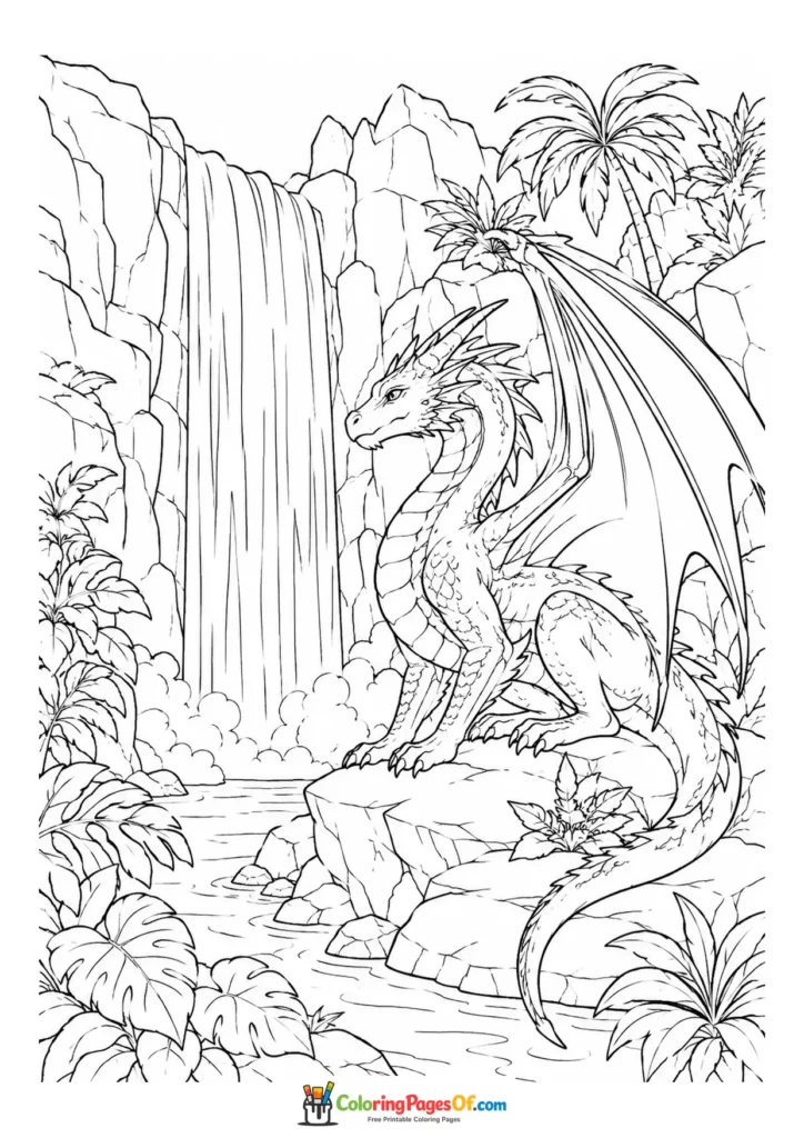 Dragon Beside a Waterfall coloring page