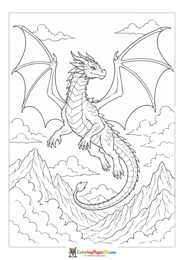Dragon Flying Above the Mountains coloring page