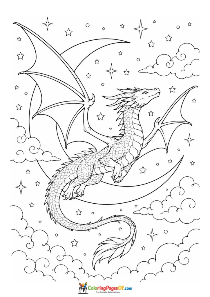 Dragon Flying Under the Moon and Stars coloring page