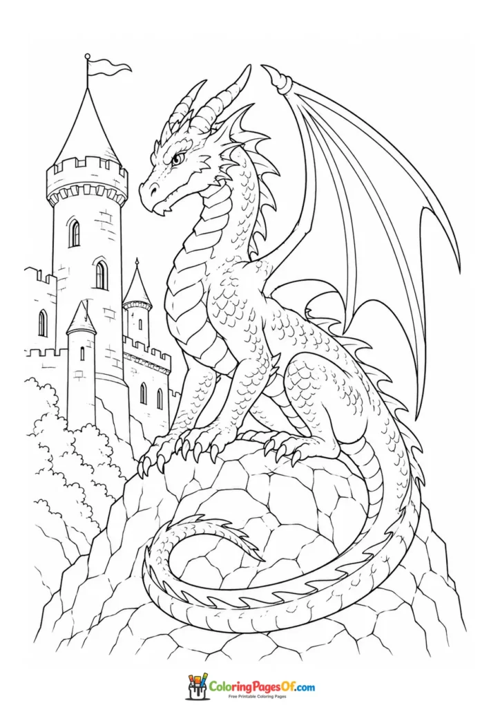 Dragon Guarding a Castle coloring page