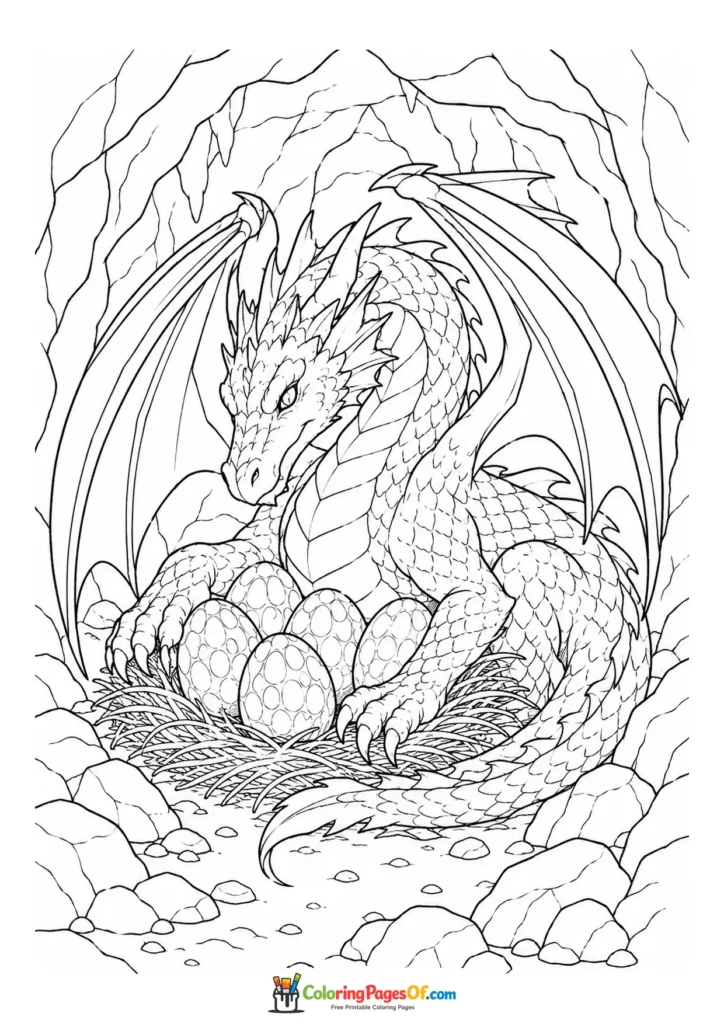 Dragon Guarding Eggs in a Cave coloring page