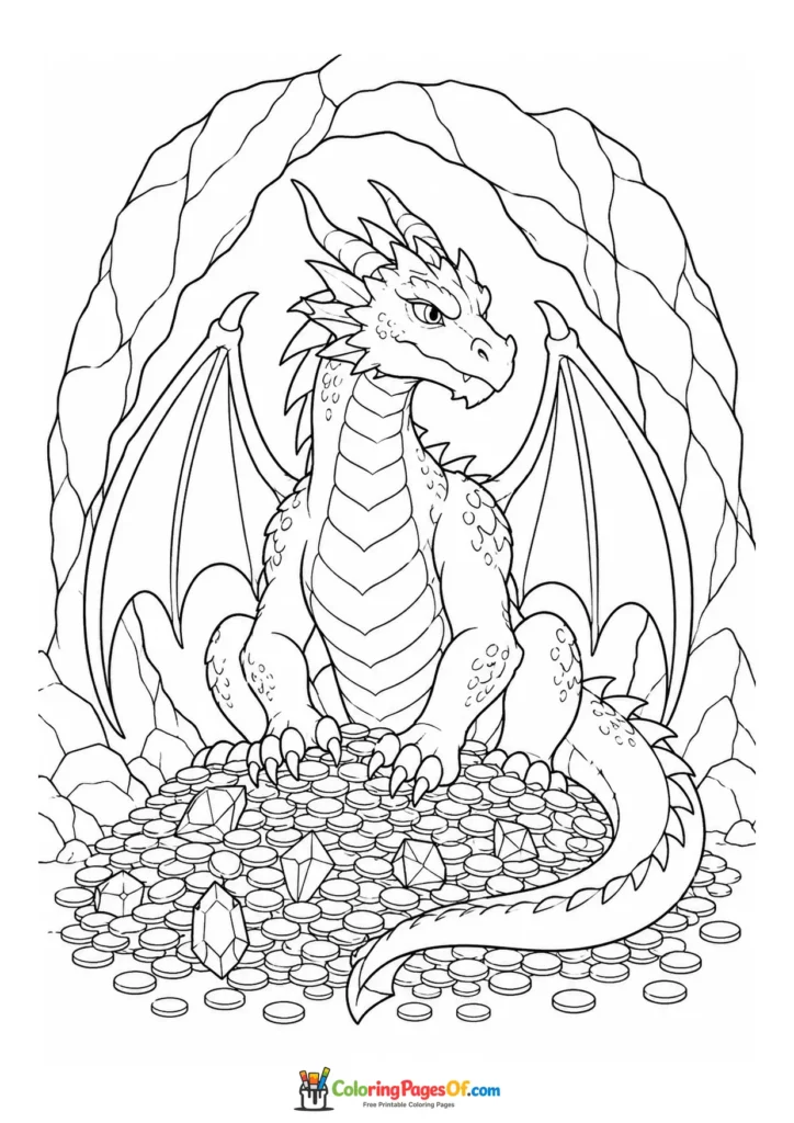 Dragon Guarding Treasure in a Cave coloring page