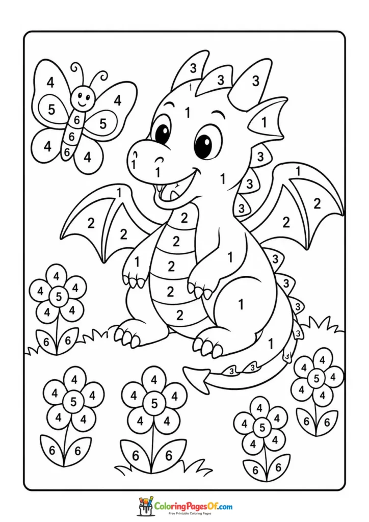 Dragon in a Flower Garden Color by Number with clear numbered coloring areas for kids