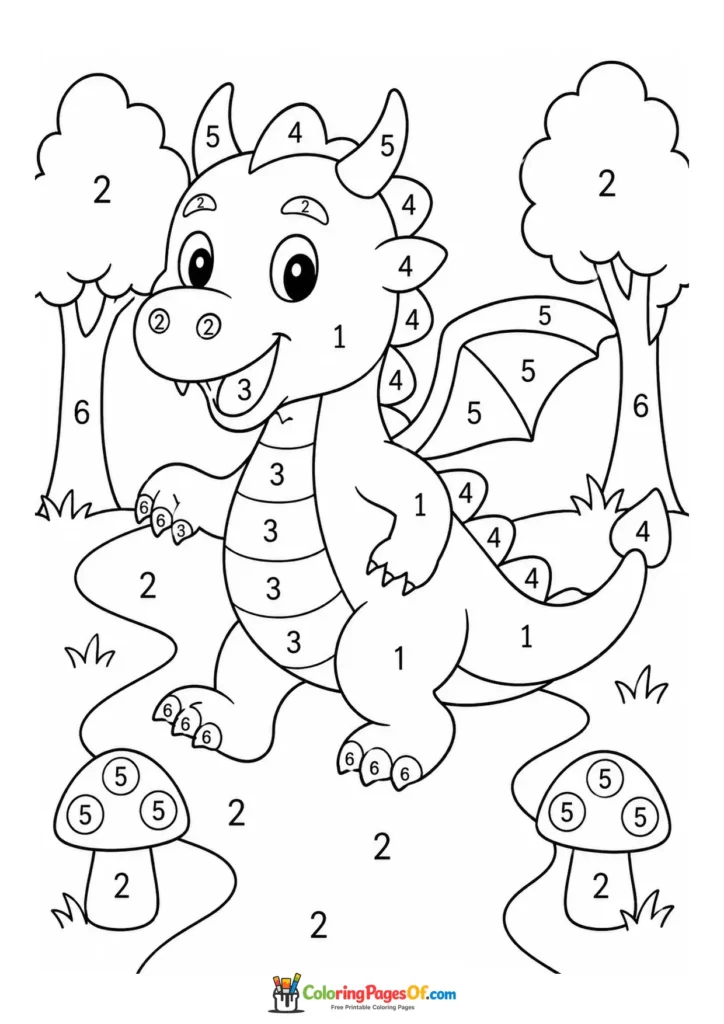Dragon on a Forest Path Color by Number with clear numbered coloring areas for kids