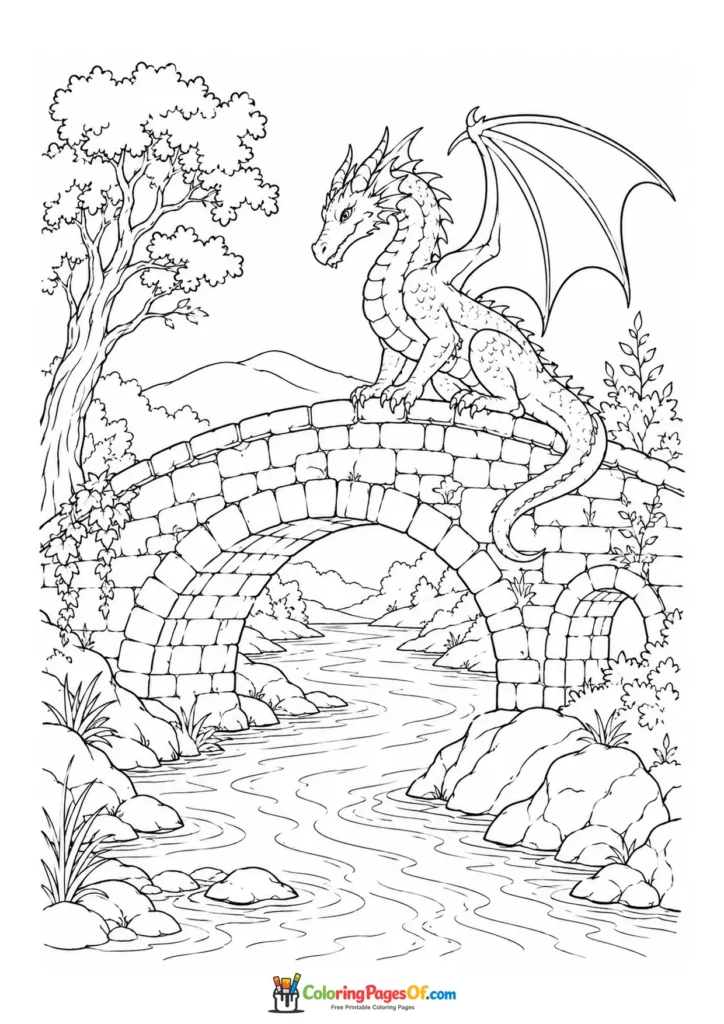 Dragon on a Stone Bridge coloring page