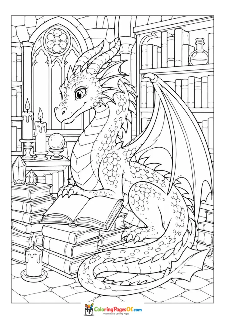 Dragon Reading Books in a Library coloring page