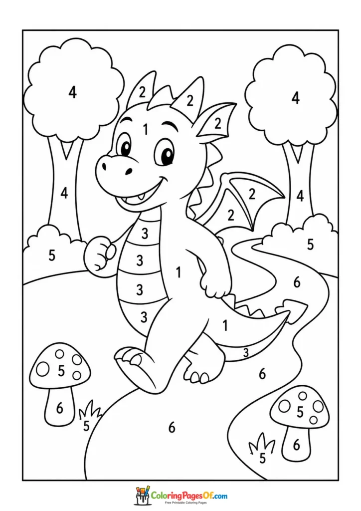 Dragon Walking Through the Forest Color by Number with clear numbered coloring areas for kids