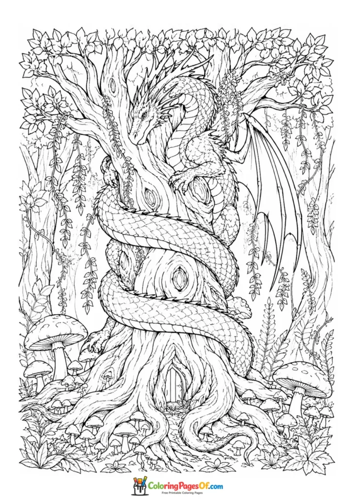 Dragon Wrapped Around an Ancient Tree coloring page