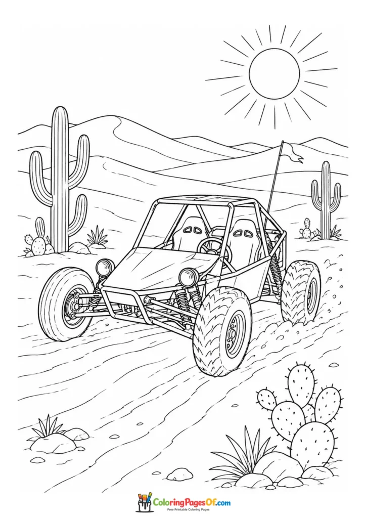 Dune buggy in the desert coloring page