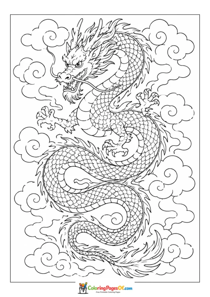 Eastern Dragon in the Clouds coloring page