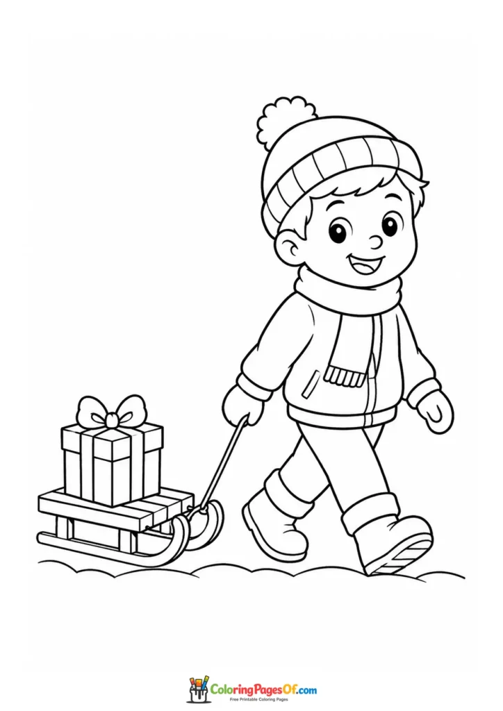 Weihnachten Ausmalbild: Einfacher Junge zieht einen Schlitten mit Weihnachtsgeschenk