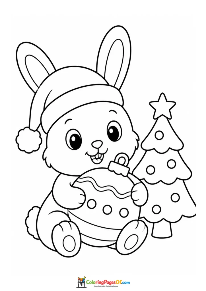 Weihnachten Ausmalbild: Einfacher Weihnachtshase mit Weihnachtskugel