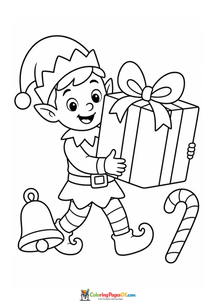 Weihnachten Ausmalbild: Einfacher Weihnachtself mit großem Geschenk