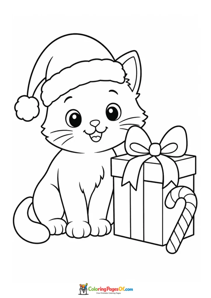 Weihnachten Ausmalbild: Einfaches Weihnachtskätzchen mit Geschenk