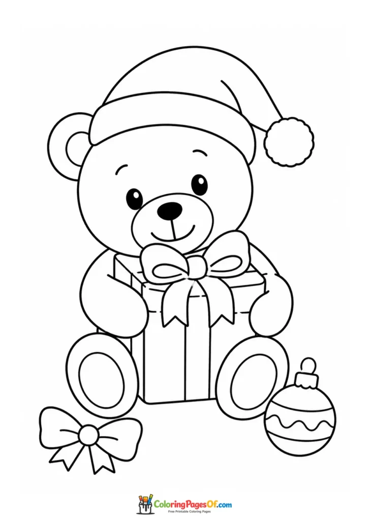 Weihnachten Ausmalbild: Einfacher Weihnachtsteddybär mit Geschenk
