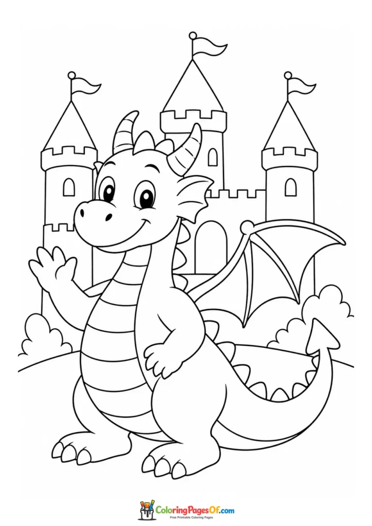 Easy Dragon Waving by a Castle coloring page