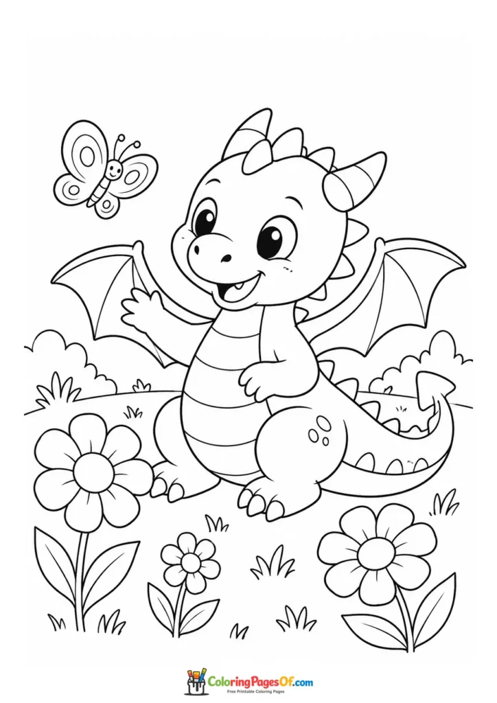 Easy Dragon with a Butterfly and Flowers coloring page