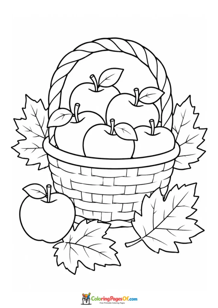 Easy fall coloring page for kids featuring apple basket with autumn leaves