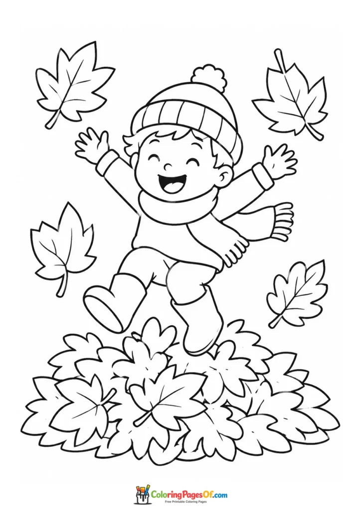 Easy fall coloring page for kids featuring child in a pile of autumn leaves